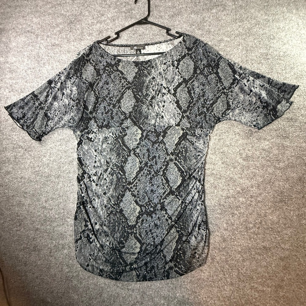 AB Studio Womens XL Grey Snakeskin Print Ruched Side Short Sleeve Blouse Top